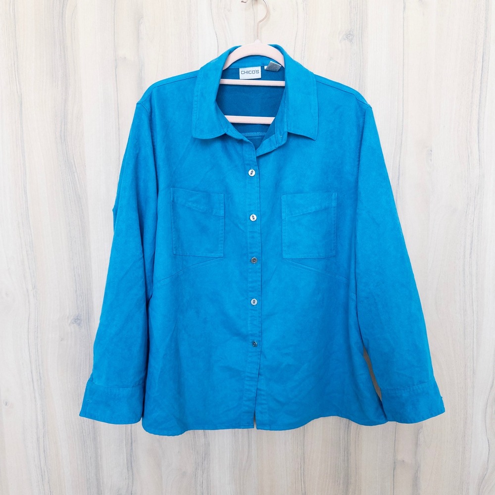 Chico's Womens Faux Suede Button Down Shirt Large Blue Long Sleeve Western Boho